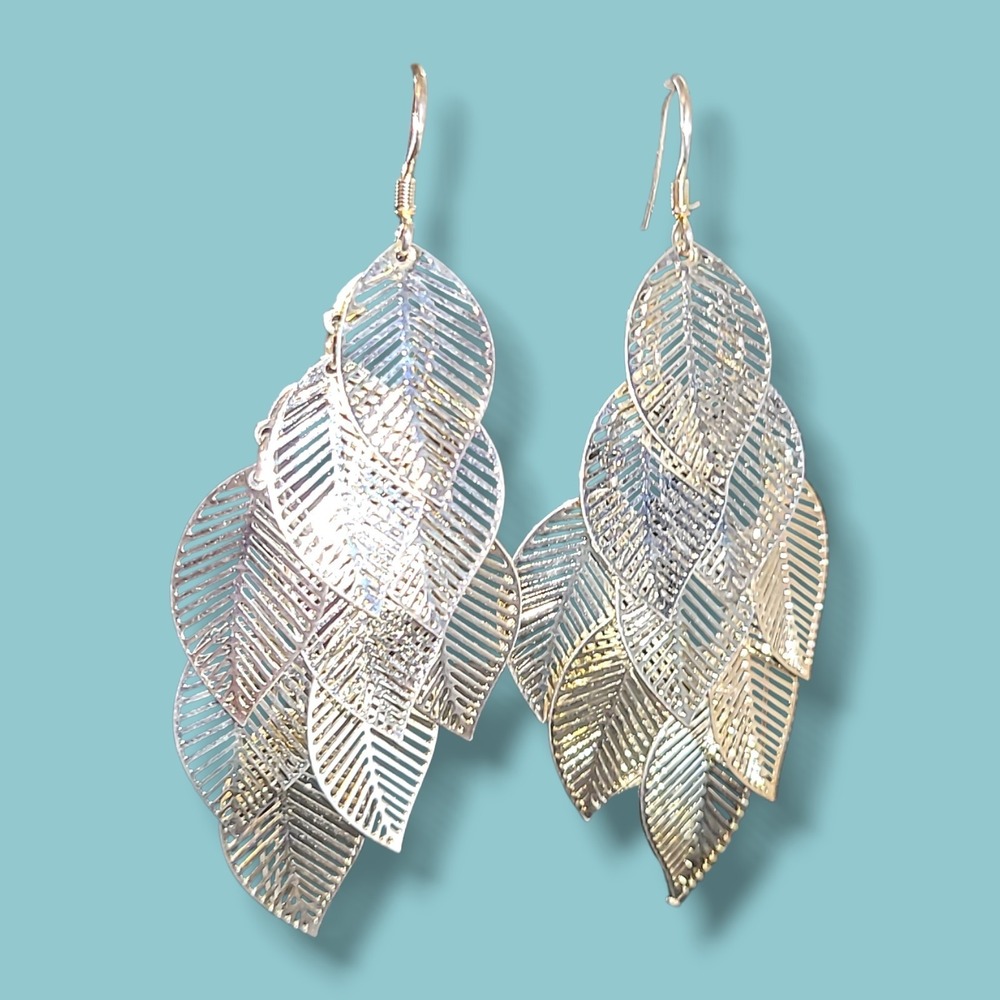 Silver‎ Tone Leaf Chandelier Dangle Earrings 925 Hooks Statement Boho